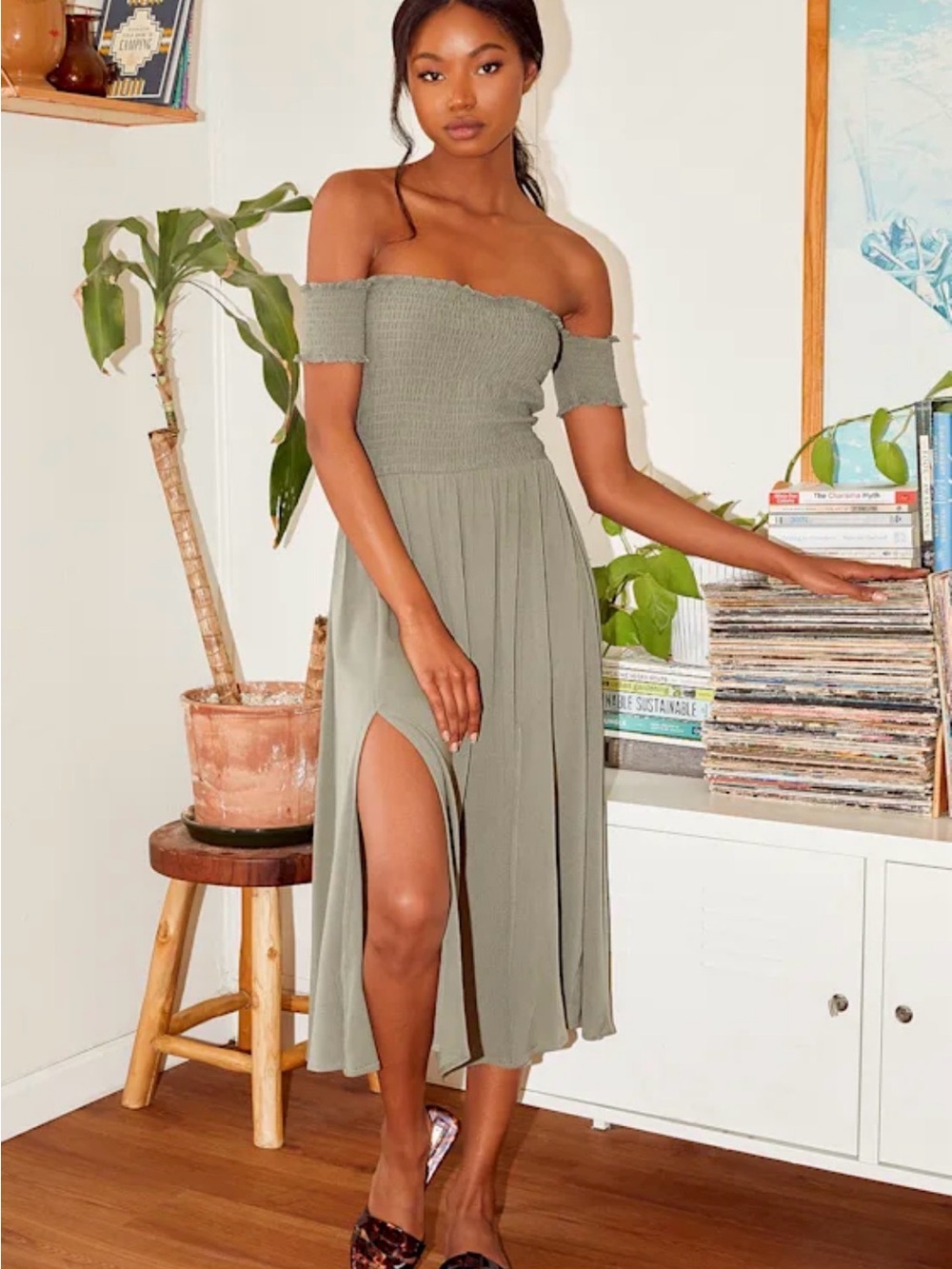 Lulu's Sage Green Off-Shoulder Smocked Midi Dress